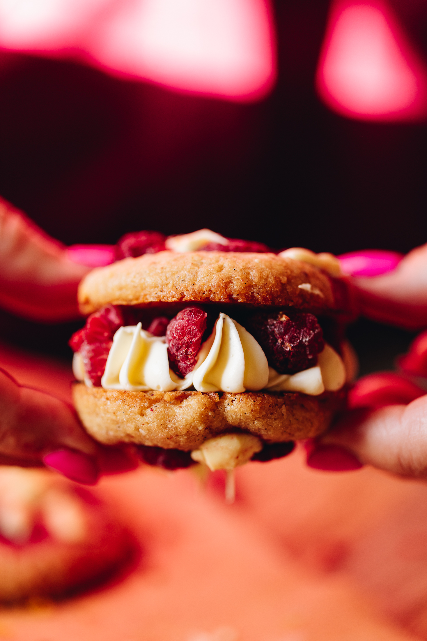 A close up shot reveals a lemon raspberry cookie sandwich which has two white chocolate raspberry cookies with pipes cream in the middle with pieces of fresh raspberry. 
