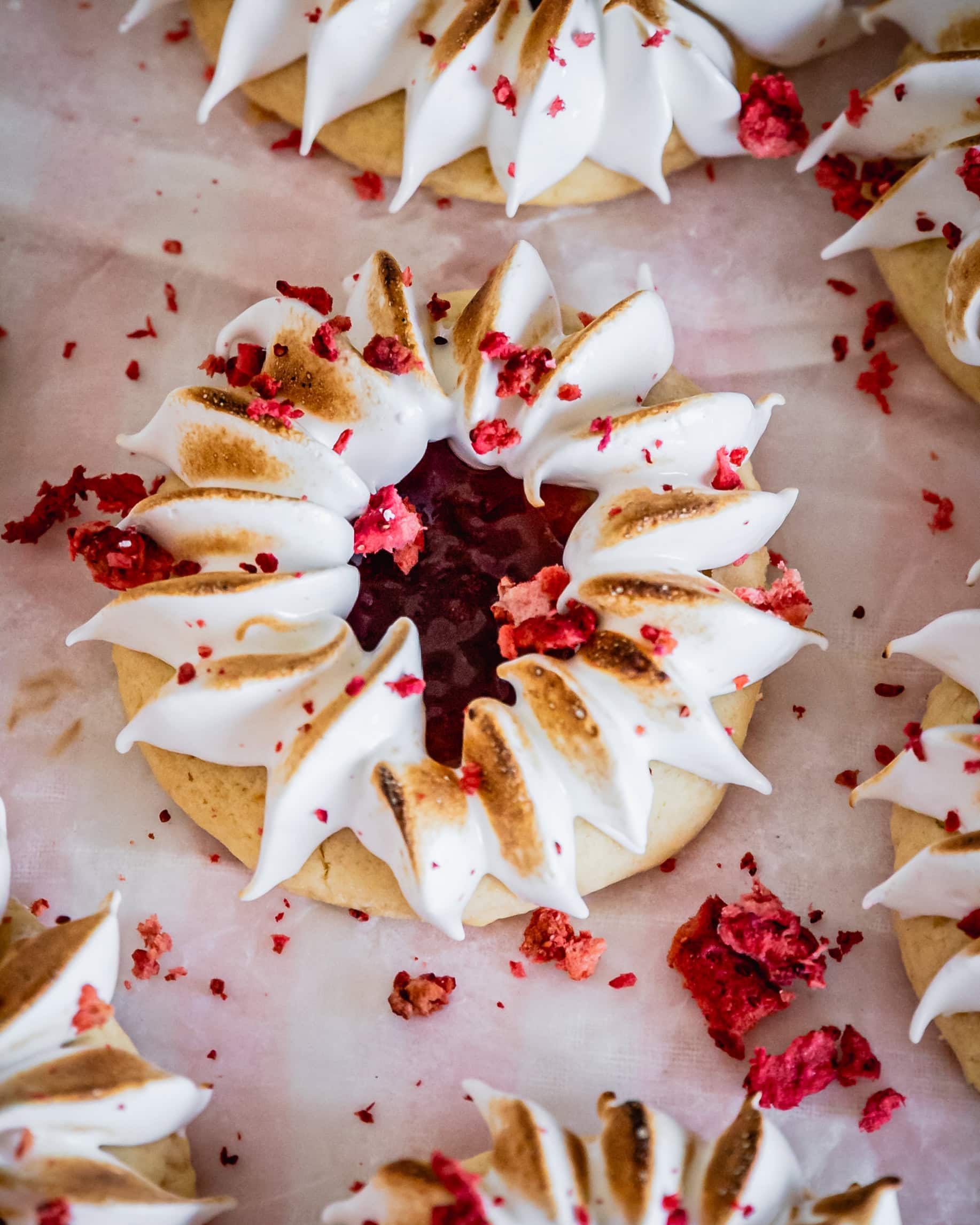Close up of a decorated strawberry jam drop. 