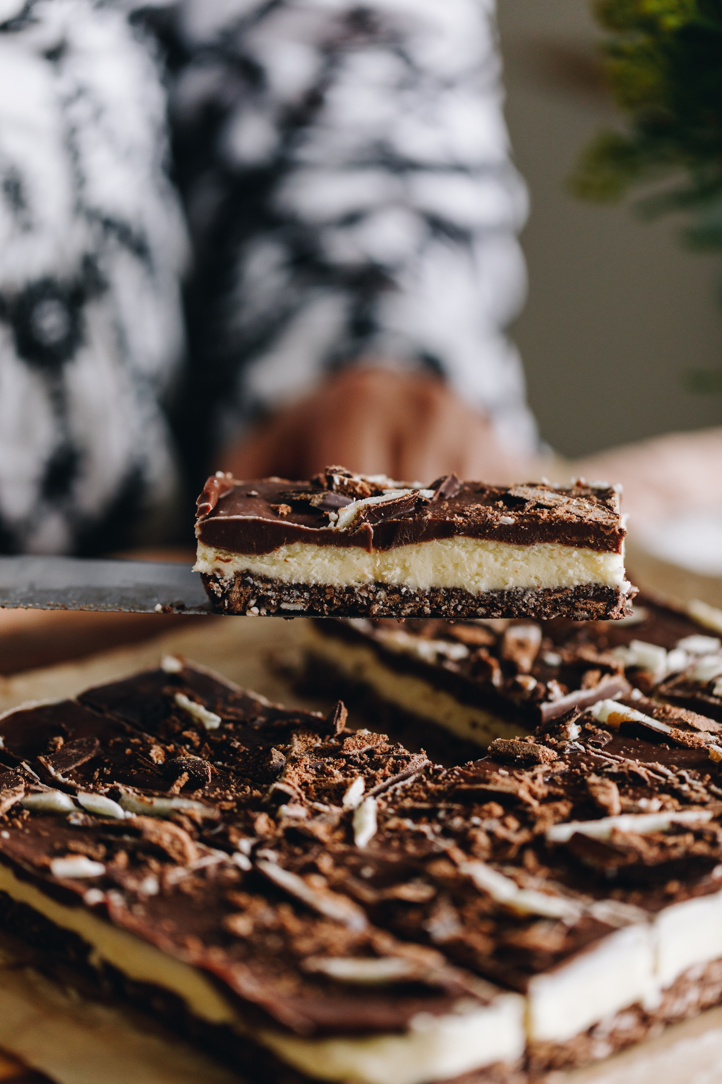 No-bake mint slice held up.